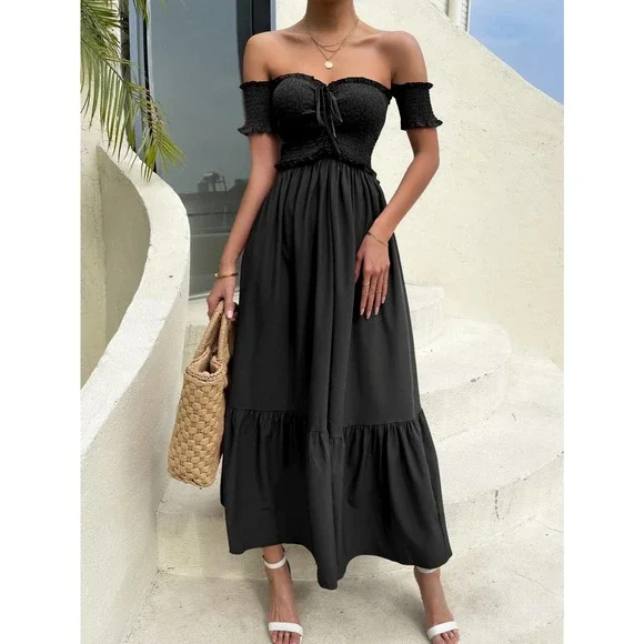 Off the Shoulder Shirred Bodice Ruffle Hem maxi Dress boho black - Picture 4 of 6
